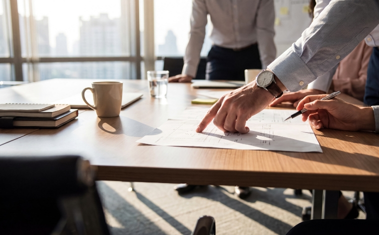 Two people reviewing mortgage paperwork together at a table