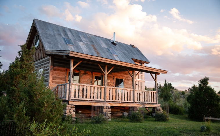 Timber cabin home on a wooded lot under a wide sky
